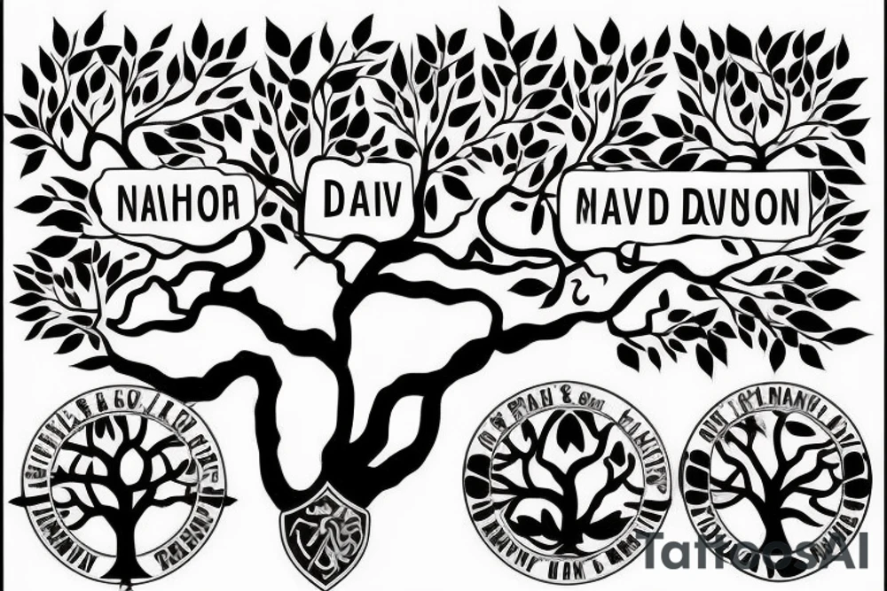 family tree with the names David and Shannon in the trunk. one branch with the name Jordan and two small branches off of that with the names Noah and Grace. 2nd branch with the name Maddison and a third branch with the name Cameron tattoo idea