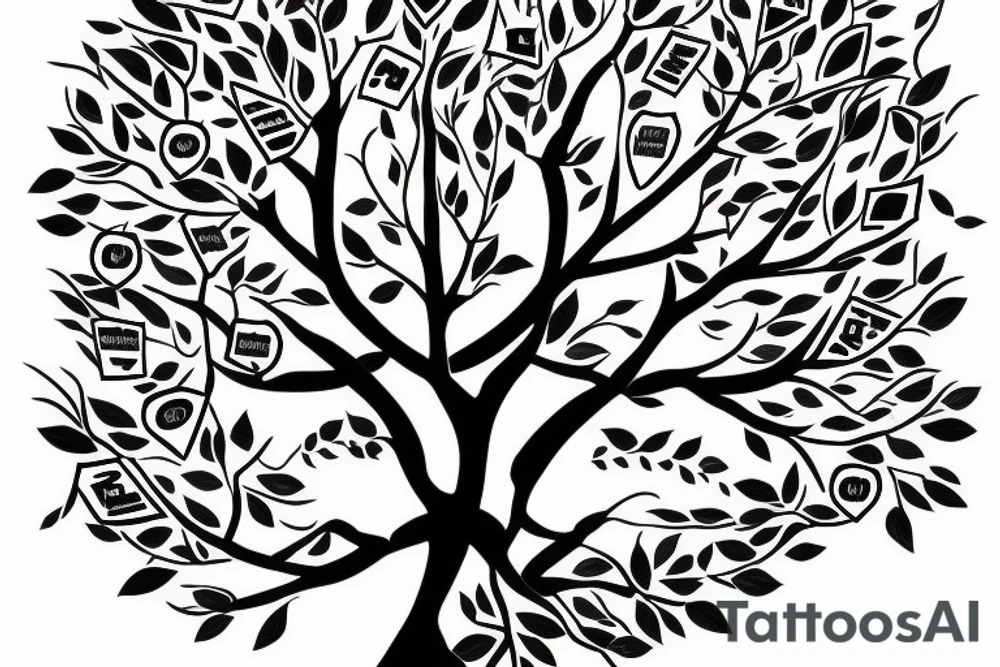 family tree with the names David and Shannon in the trunk. one branch with the name Jordan and two small branches off of that with the names Noah and Grace. 2nd branch with the name Maddison and a third branch with the name Cameron tattoo idea