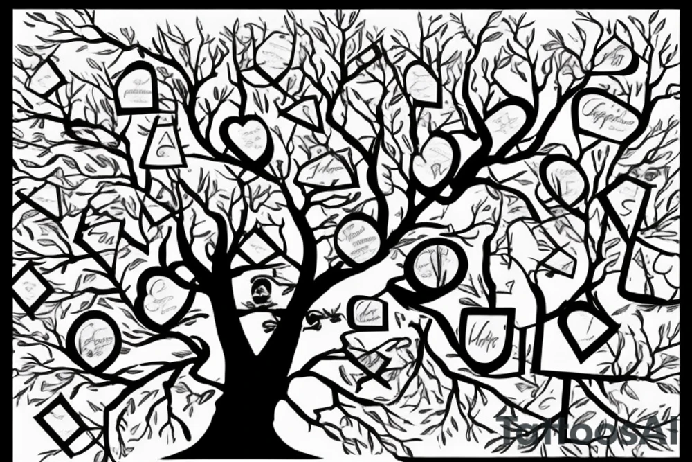 family tree with the names David and Shannon in the trunk. one branch with the name Jordan and two small branches off of that with the names Noah and Grace. 2nd branch with the name Maddison and a third branch with the name Cameron tattoo idea
