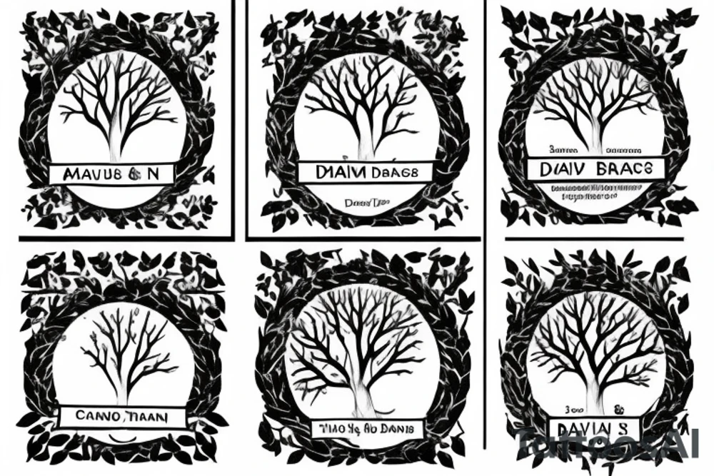 family tree with the names David and Shannon in the trunk. one branch with the name Jordan and two small branches off of that with the names Noah and Grace. 2nd branch with the name Maddison and a third branch with the name Cameron tattoo idea