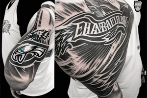 Half sleeve from the elbow down with a Philadelphia Eagles logo tattoo idea