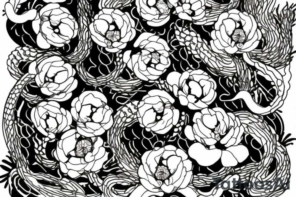 Peony flowers with snake tattoo idea