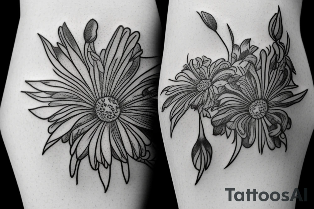 open book with aster flowers and iris growing out of the pages tattoo idea