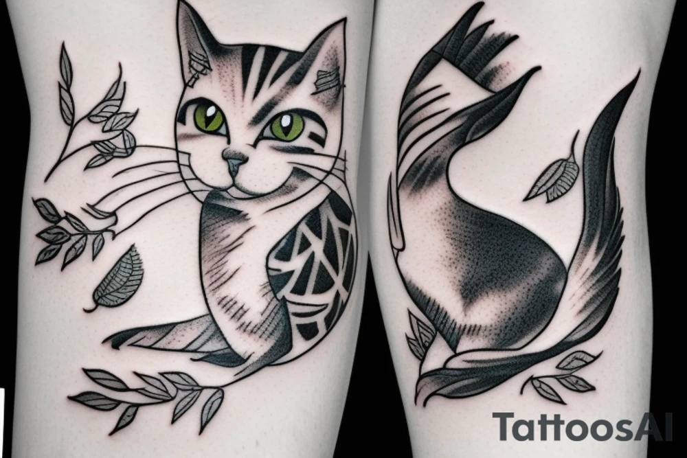 A cat playing with a bird tattoo idea