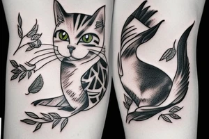 A cat playing with a bird tattoo idea