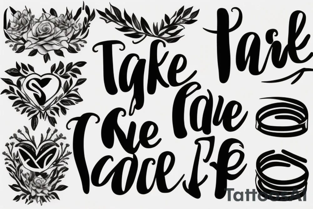 The words ‘take care’ in cursive fine line writing tattoo idea