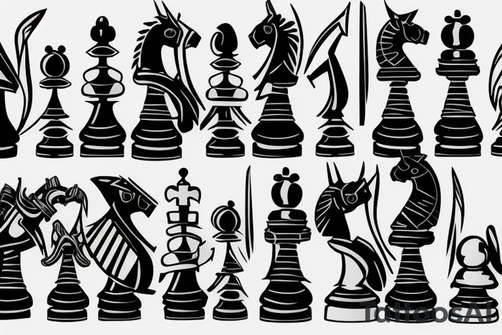 Minimalstic 3 chess pieces standing next to each other:
Pawn
Rook'
Knight tattoo idea