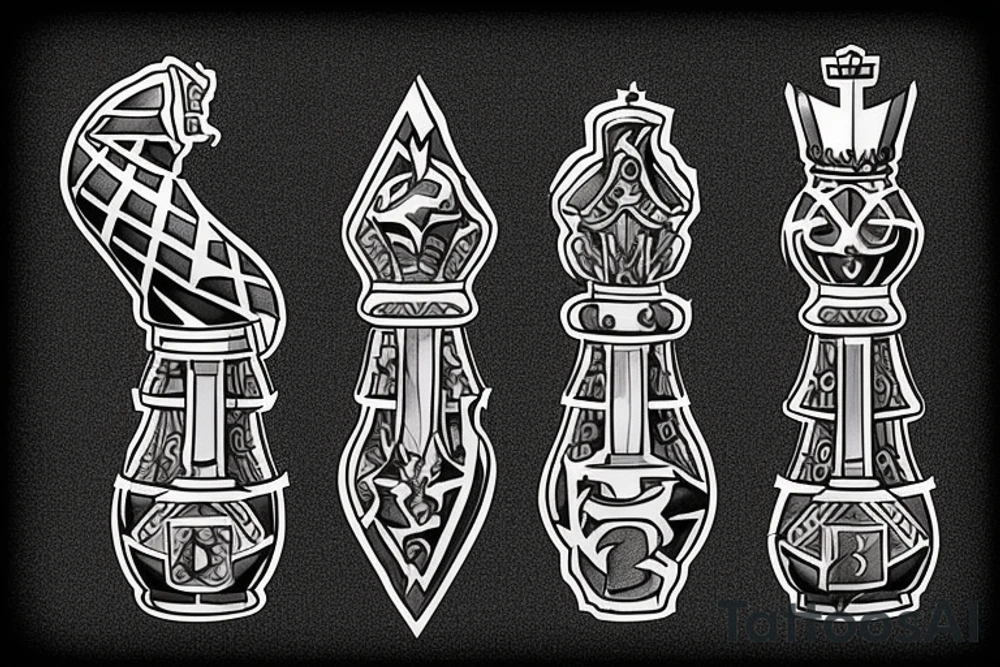 3 chess pieces standing next to each other:
Pawn
Rook'
Knight tattoo idea