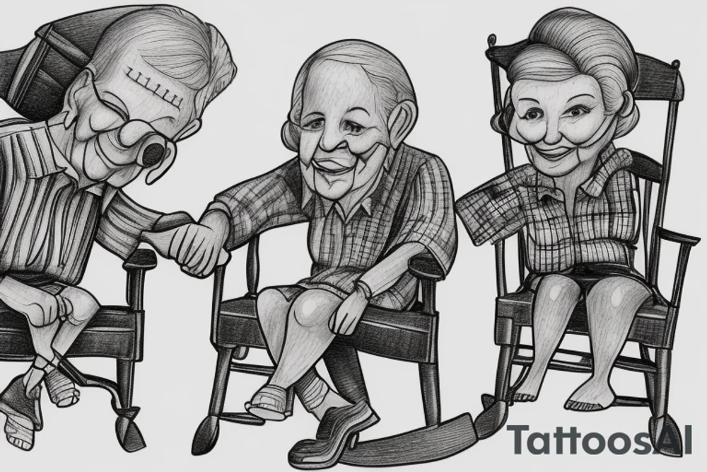 Old couple sitting in rocking chairs holding hands tattoo idea