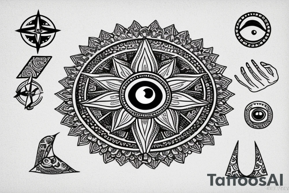 Hamsa fingers down with an evil eye and compass mandala tattoo idea