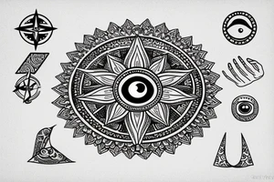 Hamsa fingers down with an evil eye and compass mandala tattoo idea