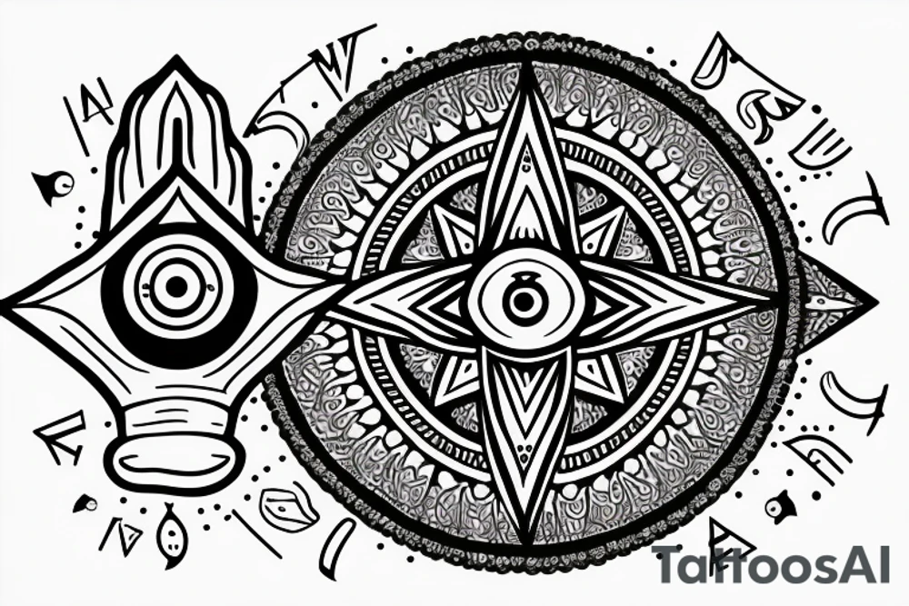 Hamsa fingers down with an evil eye and compass mandala tattoo idea