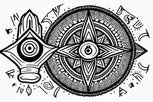 Hamsa fingers down with an evil eye and compass mandala tattoo idea