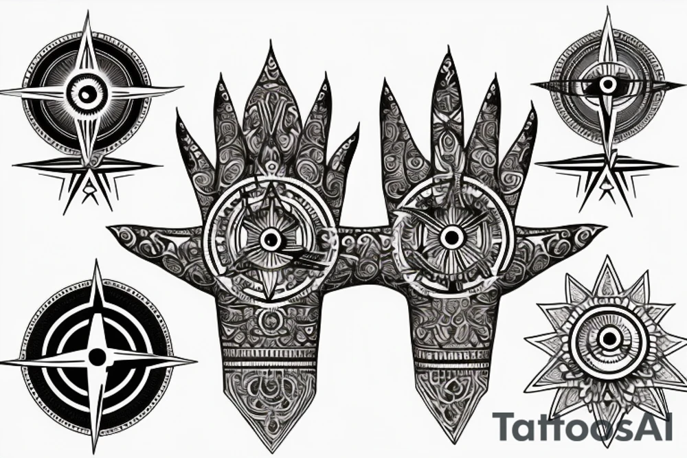 Hamsa with an evil eye and compass rose tattoo idea