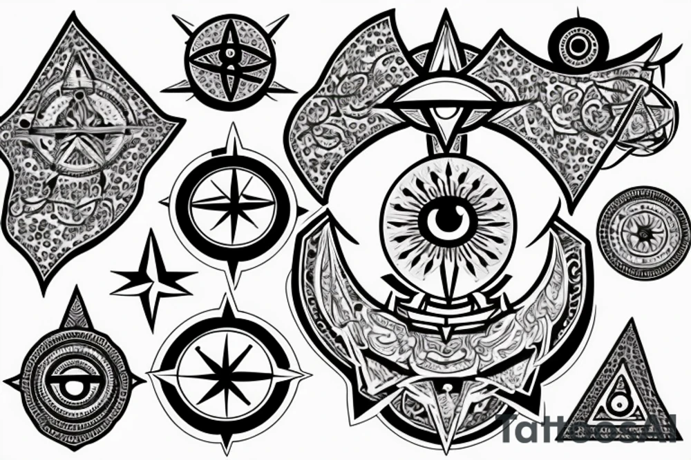 Hamsa with an evil eye and compass rose tattoo idea