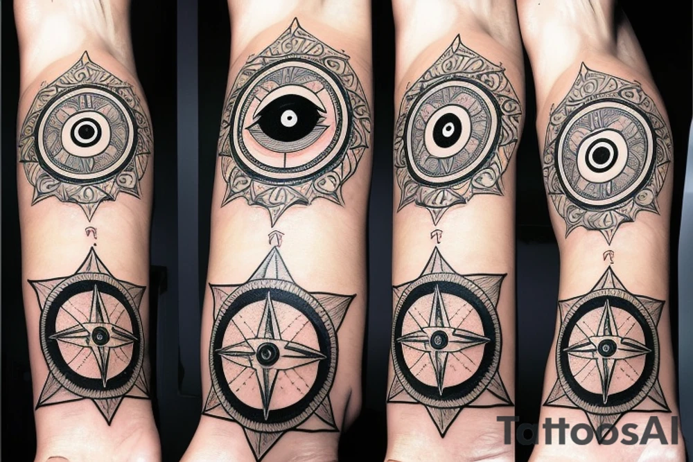Hamsa with an evil eye and compass rose tattoo idea
