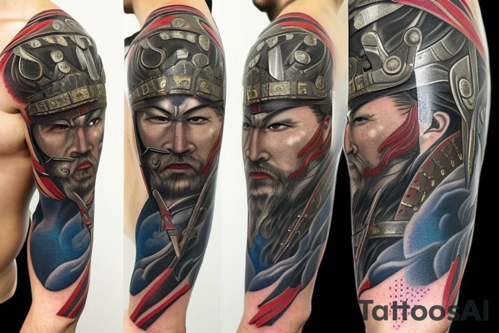 Embark on an artistic journey with a half-sleeve tattoo design that seamlessly melds the worlds of a fearsome Samurai warrior and the mighty Thor Odinson. Picture the Samurai in traditional armor, masked and armed with a katana, embodying the discipline and precision of ancient Japan. On the opposing side, visualize Thor, the God of Thunder, wielding Mjolnir, radiating power and strength. Unify these two iconic warriors amidst a dynamic background of swirling clouds, bolts of lightning, and symbols from both Japanese and Norse mythology. Opt for a tattoo art medium, ensuring detailed linework and shading suitable for skin application. Harmonize a color palette that marries traditional Samurai tones with the vibrant hues of Thor's legendary armor. Illuminate the scene with dynamic lighting, casting shadows to heighten the intensity. Envision a composition that seamlessly wraps around the arm, leveraging its natural contours for an immersive and visually impactful design. This tattoo isn't just a clash of warriors; it's a harmonious fusion of cultures and myths, ready to adorn and captivate on a half-sleeve canvas tattoo idea