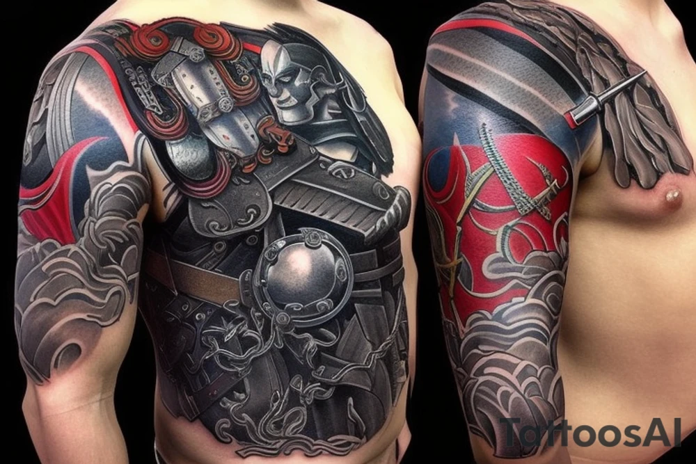 Craft a captivating and ready-to-use half-sleeve tattoo design, featuring an electrifying battle between a fierce Samurai warrior and Thor Odinson. On one side, vividly depict the Samurai in traditional armor, donning a captivating samurai mask and wielding a gleaming katana sword with precision. Capture the essence of Japanese artistry, drawing inspiration from the works of ukiyo-e master Utagawa Kuniyoshi for detailed and authentic elements. On the opposing side, showcase the mighty Thor, adorned in iconic Norse armor, brandishing the legendary Mjolnir, summoning the power of thunder and lightning. Blend the two warriors seamlessly with a dynamic background, intertwining Japanese and Norse mythology symbols. Opt for a tattoo art medium to ensure meticulous linework and shading, suitable for skin application. Envision a balanced color palette, incorporating traditional Samurai reds and blues alongside Thor's vibrant armor hues. Illuminate the scene with dynamic lighting to enhance the drama of the epic clash. Consider a composition that wraps around the arm, utilizing its natural contours for an immersive and visually striking design. tattoo idea