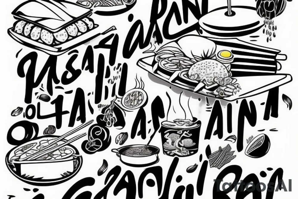pan asian street food resturant. food runner. to include the quote: eat, sleep, chi, repeat. tattoo idea