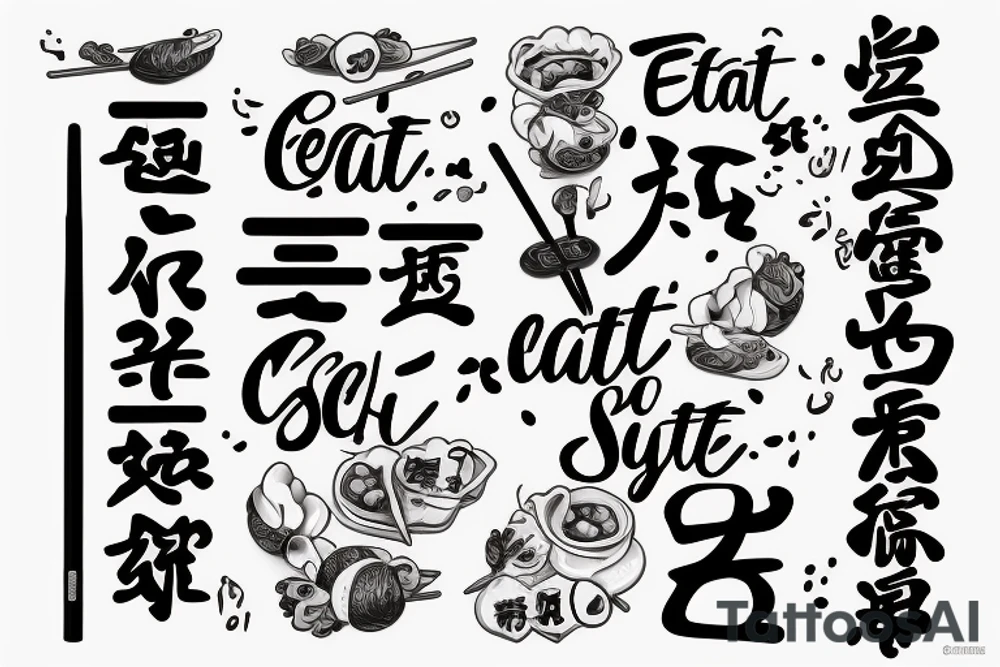 quote "eat, sleep, chi, repeat". on chopsticks with gyozas tattoo idea