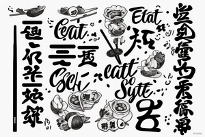 quote "eat, sleep, chi, repeat". on chopsticks with gyozas tattoo idea