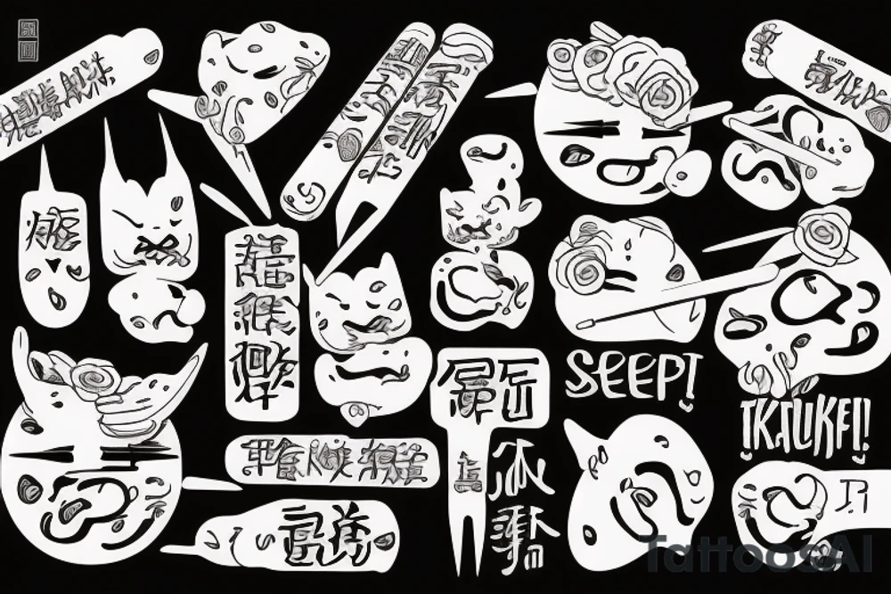 quote "eat, sleep, chi, repeat". on chopsticks with gyozas tattoo idea