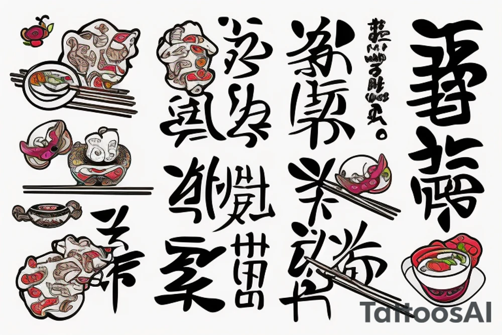 quote "eat, sleep, chi, repeat". on chopsticks with gyozas tattoo idea