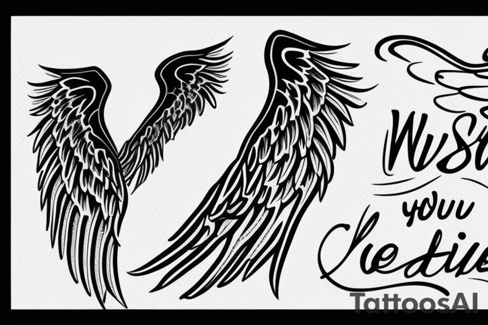 "Wish you were here" text with angel wings on the side tattoo idea