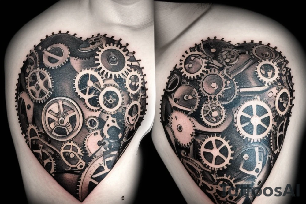 A detailed steampunk heart with gears and cogs tattoo idea