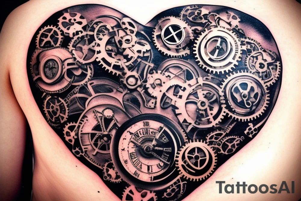 A detailed steampunk heart with gears and cogs tattoo idea