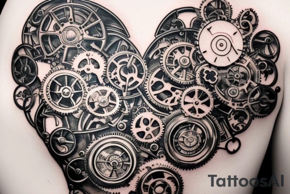 A detailed steampunk heart with gears and cogs tattoo idea