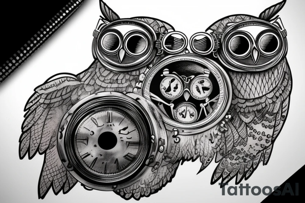 An owl adorned with steampunk goggles tattoo idea