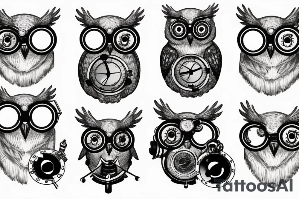 An owl adorned with steampunk goggles tattoo idea