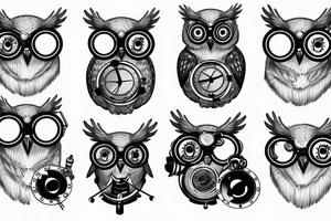 An owl adorned with steampunk goggles tattoo idea