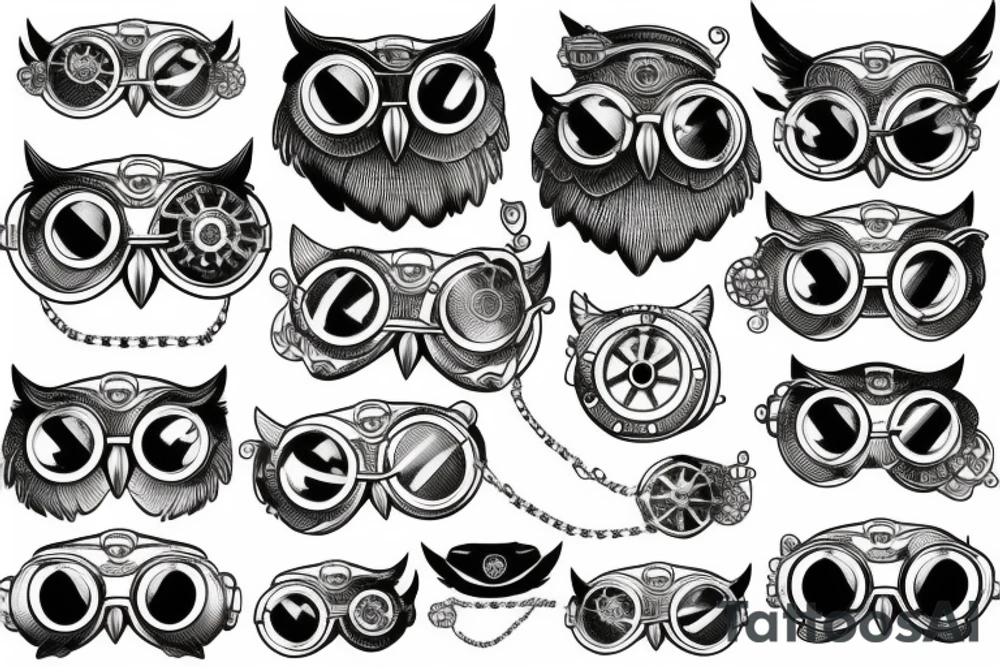 An owl adorned with steampunk goggles tattoo idea