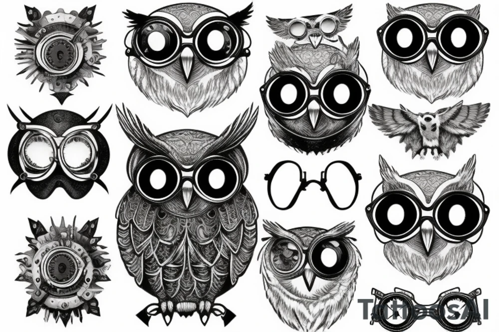 An owl adorned with steampunk goggles tattoo idea