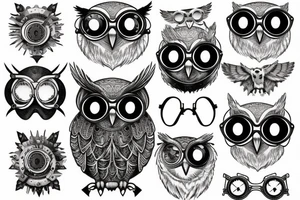 An owl adorned with steampunk goggles tattoo idea