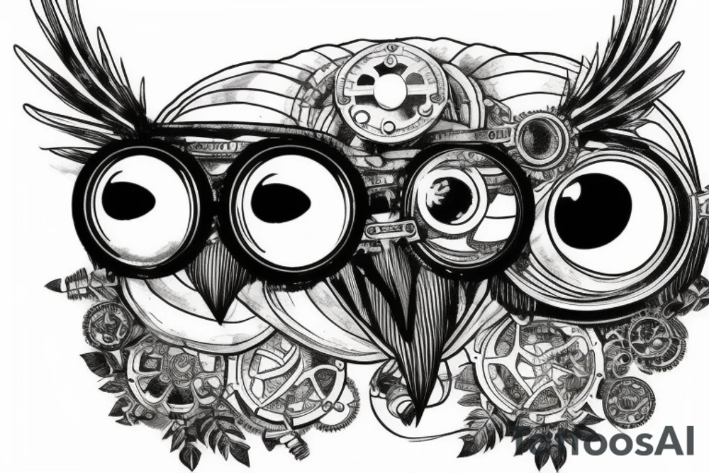 An owl adorned with steampunk goggles tattoo idea