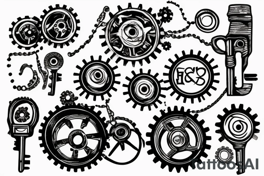 A vintage key integrated with gears tattoo idea