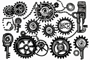 A vintage key integrated with gears tattoo idea