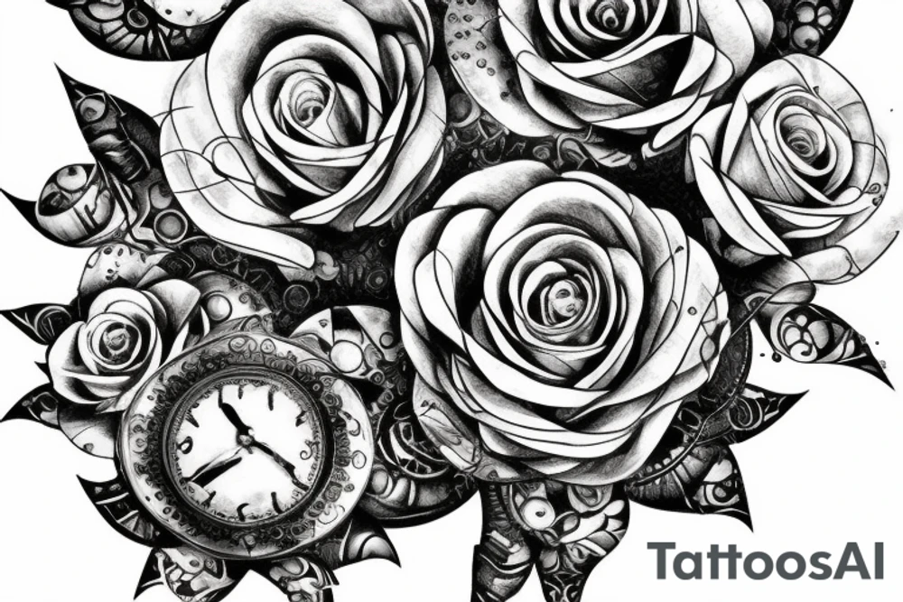 A steampunk rose with metallic petals and cog accents tattoo idea