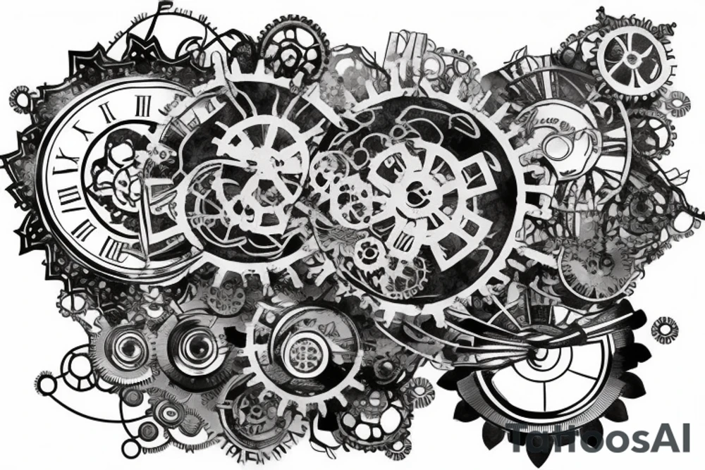 A steampunk rose with metallic petals and gears and cogs tattoo idea