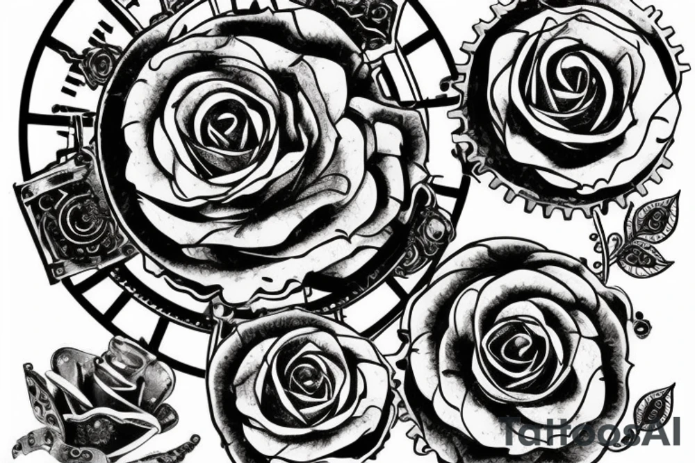 A steampunk rose with metallic petals and gears and cogs tattoo idea