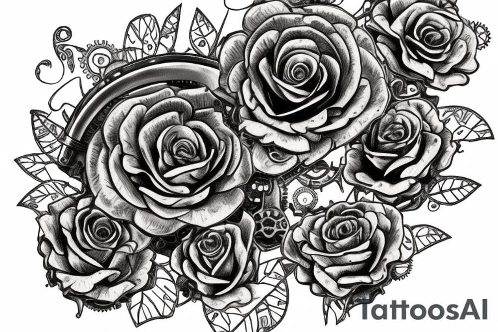 One steampunk rose with metallic petals and gears and cogs tattoo idea