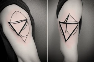 I want a minimalist tattoo behind the bicep, featuring an overlapping heart and triangle, the triangle is out the heart tattoo idea