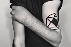 I want a minimalist tattoo behind the bicep, featuring an overlapping heart and triangle, the triangle is out the heart tattoo idea