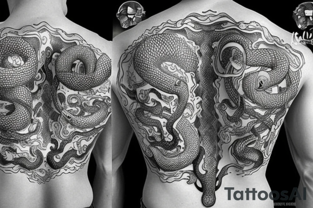 Snake with face on chest wrapping around to back tattoo idea