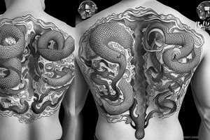 Snake with face on chest wrapping around to back tattoo idea