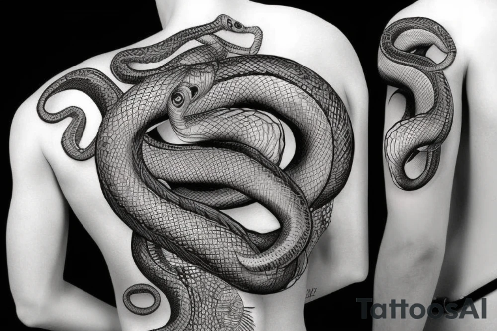 Snake with face on chest wrapping around to back tattoo idea Snake with face on chest wrapping around to back tattoo idea