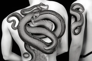 Snake with face on chest wrapping around to back tattoo idea